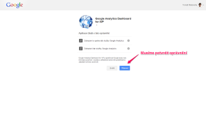 Potvrzení kódu Google Analytics Dashboard for WP